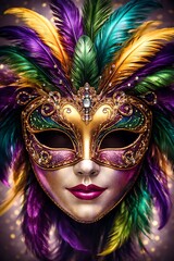 Woman Wearing Colorful Venetian Mask with Feathers and Jewels