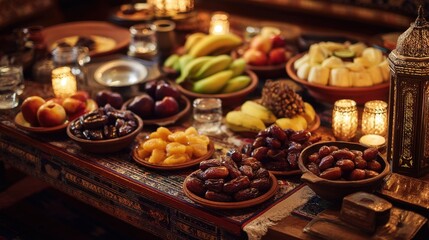 Fototapeta premium Traditional Iftar Table Set with Dates, Fruits, and Water for Ramadan Celebration at Dusk
