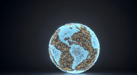 A glowing digital wireframe globe showing continents and network