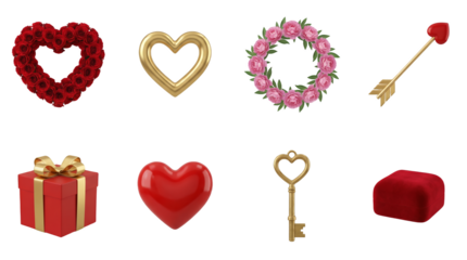 Valentine's Day romantic set including rose heart wreath, gold ring, flower garland, cupid arrow, gift box, red heart, and skeleton key isolated. Love and wedding anniversary celebration elements.