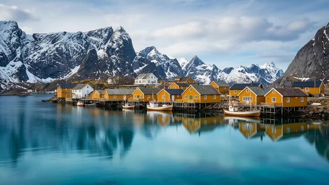 Golden cabins and snowy mountains create a beautiful landscape over the sea. The reflection in the water shows a natural scenic beauty.
