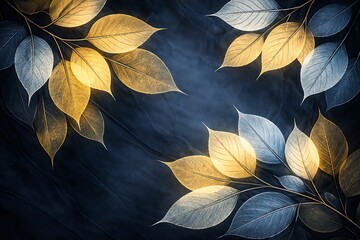 Golden and Blue Leaves on Dark Background, Autumnal Foliage