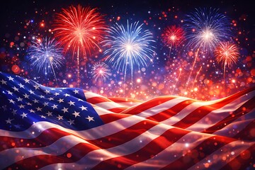 American Flag Waving with Fireworks Display on Independence Day Night