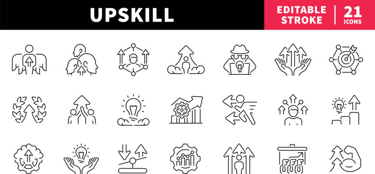Career growth editable line icons set. progress, upskill symbols