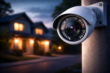 Security Camera Monitoring Suburban Home at Dusk with Warm Lighting