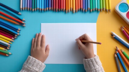 Child's hands drawing on a blank paper surrounded by colorful pencils and art supplies.
