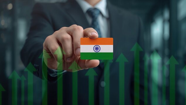 Business growth concept with Indian flag and upward arrows representing economic progress, national development, financial success, and positive market performance
