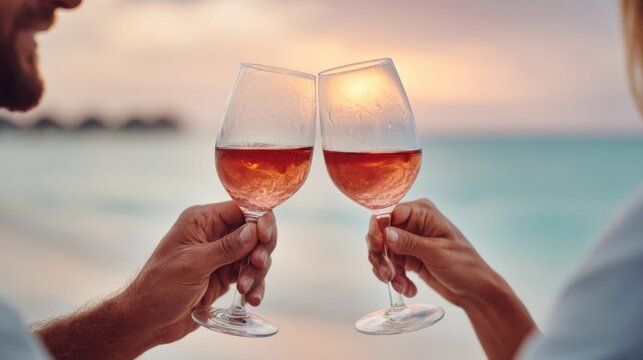 Couple toasting with rose wine at sunset on a tropical beach