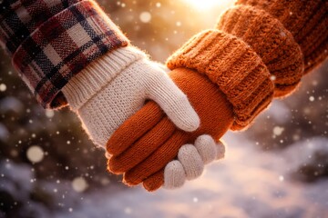 Two People Holding Hands in Snowy Landscape with Warm Gloves