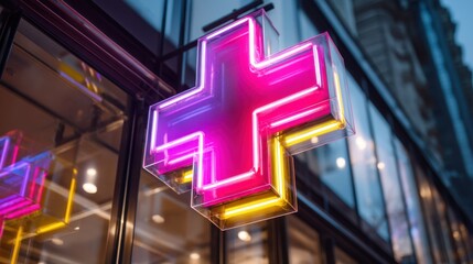 Shining Contemporary Medical Cross Symbol Displaying Bright Colors Against Modern Urban Environment