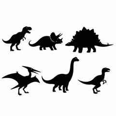 Vector collection of six different dinosaur silhouettes in black on a white background, featuring T-Rex, Triceratops, Stegosaurus, Pterodactyl, and Brontosaurus. © Nadhirotul