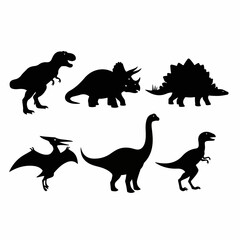 Set of six cartoon dinosaur silhouettes on white background including T-Rex, Triceratops, Brachiosaurus, Stegosaurus, Velociraptor, and Pterodactyl. © Nadhirotul