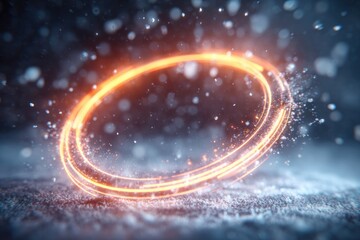 Ring of Light: An ethereal, radiant ring of golden light floats elegantly above a snowy surface, illuminated with sparkling dust and a soft, ambient glow.