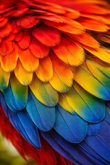 Fototapeta premium Vibrant Macaw Feathers in Red, Orange, Yellow, and Blue