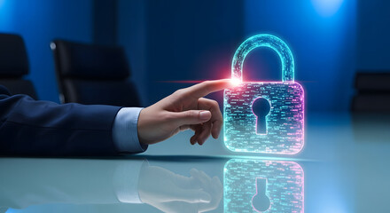 Businessperson's hand touching glowing digital padlock hologram