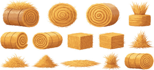 Set of illustrated hay bales and straw stacks in various shapes, representing agriculture, farming harvest, rural landscape, livestock feed, and natural organic materials. © MDTAREK