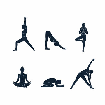 Six minimalist dark vector silhouettes of a woman performing popular yoga poses including Warrior, Downward Dog, Tree, Lotus, Child's, and Triangle Pose.