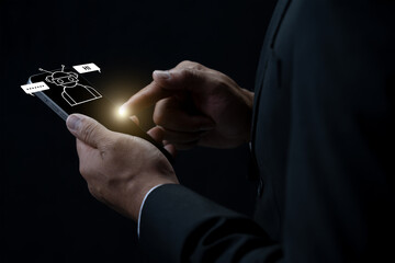Businessman using a smartphone with a floating AI chatbot icon. Concept of digital customer service, artificial intelligence, virtual assistants, and automated technology in business