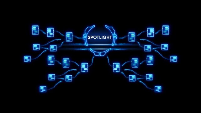 Spotlight on connected documents and data exchange concept with glowing blue on black background representing digital communication and information network