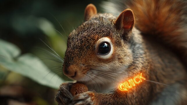A close-up of a male squirrel nibbling on an acorn, exuding a playful and quick-witted vibe amidst a lush green background.
