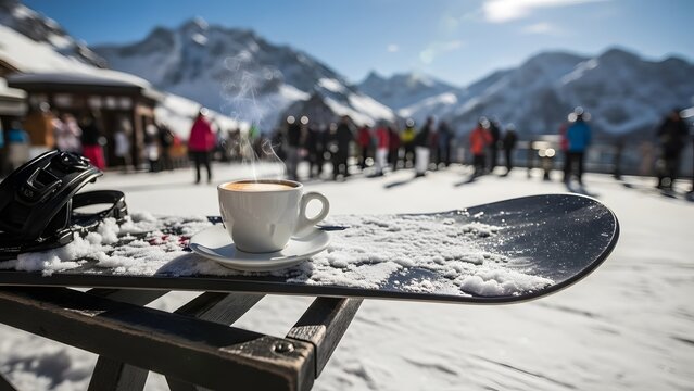 Cup of coffee resting on snowboard at sunny winter ski resort