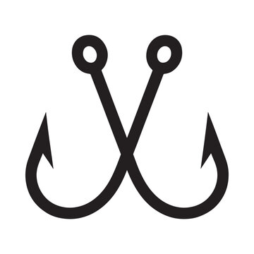 Simple black and white illustration of two crossed fishing hooks