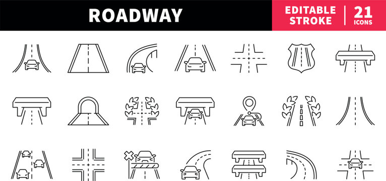 Roadway editable line icons set. highway and street symbols