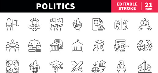 Politics editable line icons set. government and leadership symbols