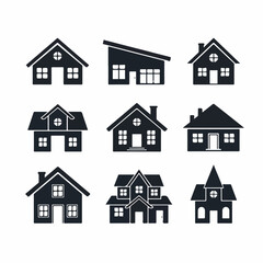 Fototapeta premium Nine Black Silhouette House Icons Collection Representing Diverse Residential Architecture and Real Estate Dwellings