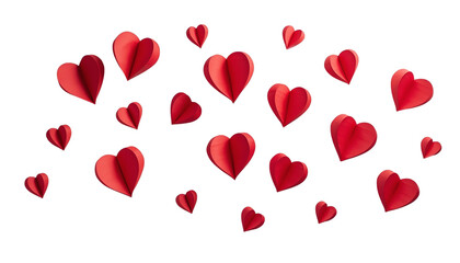 A cluster of red hearts floating on a black background on transparent background