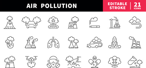 Fototapeta premium Air pollution editable line icons set. outline environmental hazard symbols