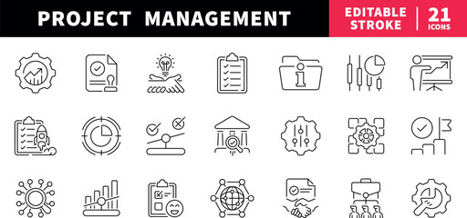 Project management editable line icons set. workflow and strategy symbols