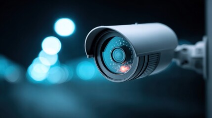 Security camera with a blurred background of street lights at night