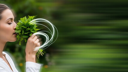 Vibrant portrait of a woman inhaling a mint bouquet, surrounded by ethereal energy trails in a lush garden. Conveys revitalizing freshness and natural joy. Concept photography.