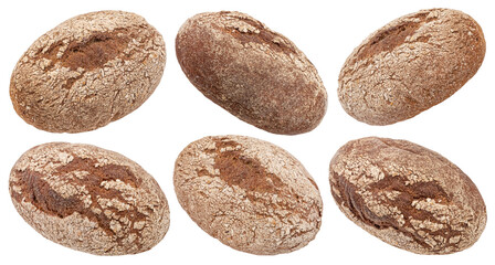 Rustic rye bread loaf isolated on white background, full depth of field