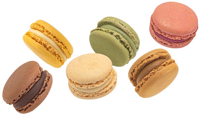 Macarons cookies mix isolated on white background, full depth of field