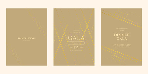 Fototapeta premium Three elegant gala dinner invitations featuring luxurious gold dotted patterns on a warm beige background, perfect for a special event