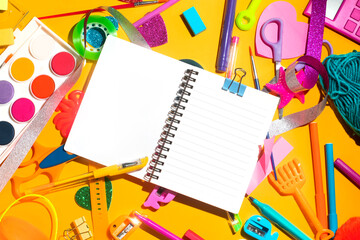 back to school background for kids & student, colorful stationery education in top view flat lay