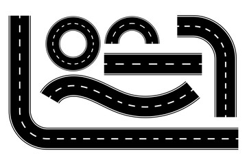 Fototapeta premium Set of isolated black and white vector road segments including straight lines, curves, and a roundabout. Ideal for map design, navigation apps, or game development.