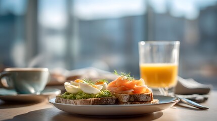 Healthy breakfast with avocado toast poached egg smoked salmon coffee and orange juice near window