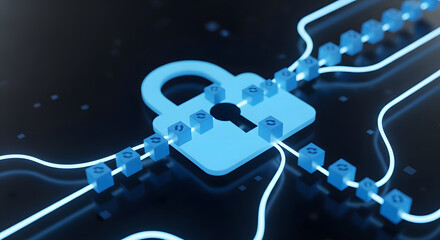 Digital padlock connected to data cubes via glowing lines on a d