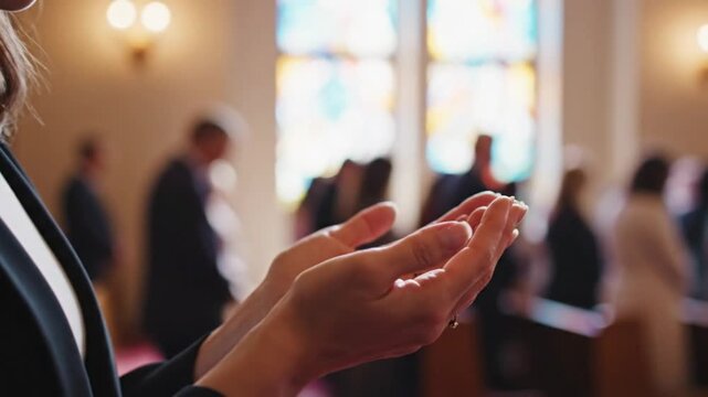 Praying hands in a church with wedding ring