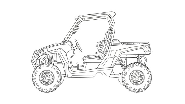 Line drawing of an all-terrain vehicle with open top and large tires.