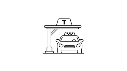 Simple line art illustration of a taxi at a stand.