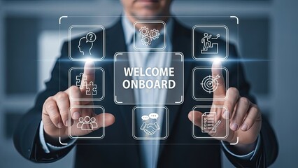 Businessman interacting with virtual onboarding interface