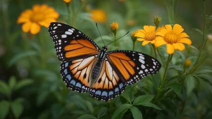 Fototapeta premium Vibrant monarch butterfly on bright yellow flowers in garden