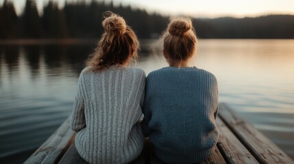 Two friends sit peacefully on a dock by a tranquil lake, reflecting on life and enjoying the serene beauty of nature during a picturesque sunset.