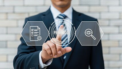 Businessman interacting with virtual protocol interface in modern office setting
