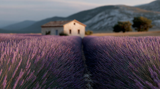 Lavender fields in neat rows, Provence, old rustic.