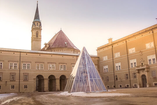 Statue of the Virgin Mary, in a glass case, located in the Domplatz (Cathedral Square), Salzburg, Austria